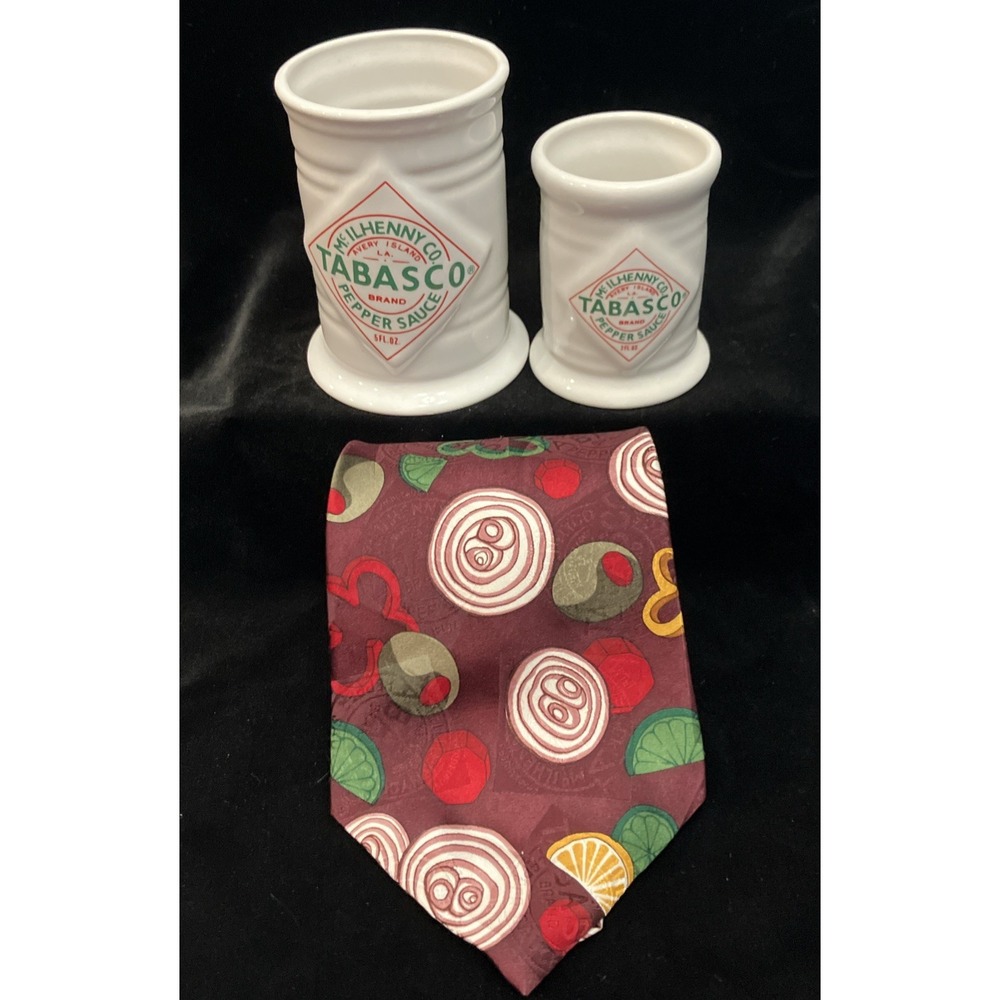 Tabasco Gift Set Ceramic 5 & 2oz Bottle Holders & Silk Pepper Men's Tie Burgundy